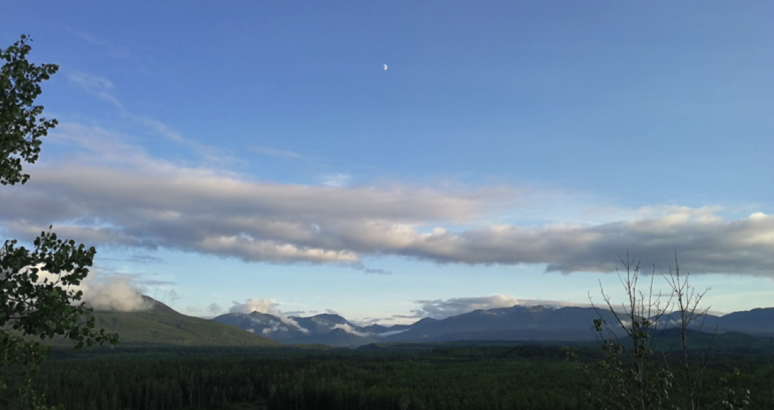 A view of the mountains, forest and moon near Swannell Camp